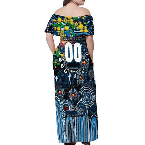 Personalised NAIDOC Week 2025 Blues Football Off Shoulder Maxi Dress Aboriginal Dot Painting