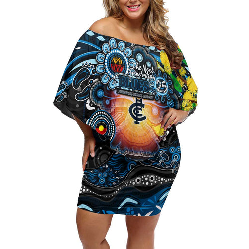 Personalised NAIDOC Week 2025 Blues Football Off Shoulder Short Dress Aboriginal Dot Painting