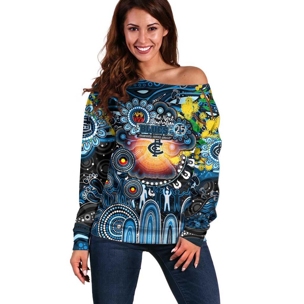 Personalised NAIDOC Week 2025 Blues Football Off Shoulder Sweater Aboriginal Dot Painting