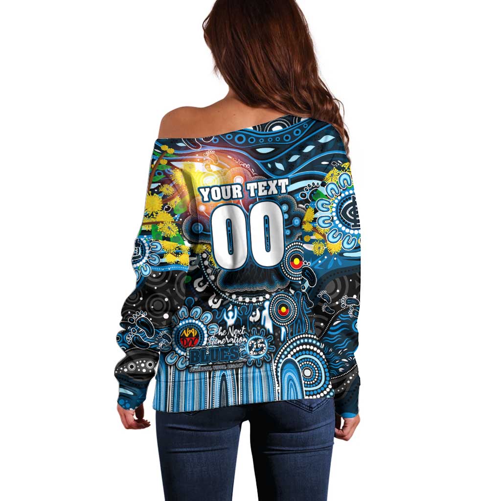 Personalised NAIDOC Week 2025 Blues Football Off Shoulder Sweater Aboriginal Dot Painting