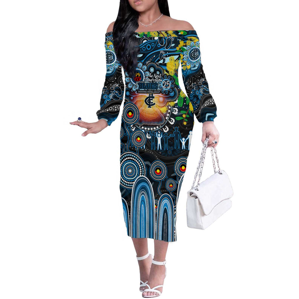 Personalised NAIDOC Week 2025 Blues Football Off The Shoulder Long Sleeve Dress Aboriginal Dot Painting