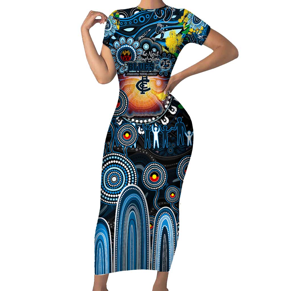 Personalised NAIDOC Week 2025 Blues Football Short Sleeve Bodycon Dress Aboriginal Dot Painting