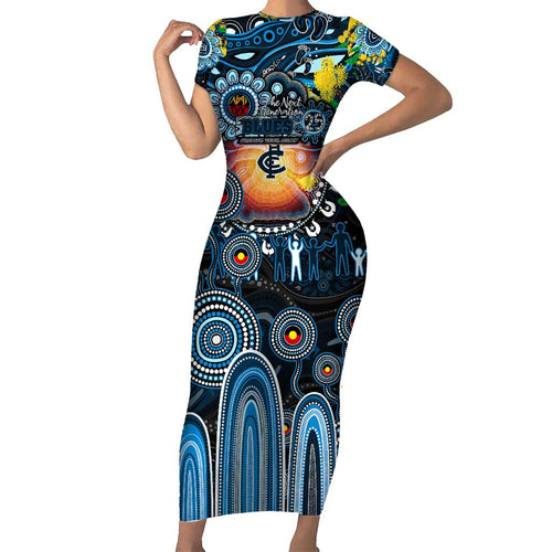Personalised NAIDOC Week 2025 Blues Football Short Sleeve Bodycon Dress Aboriginal Dot Painting