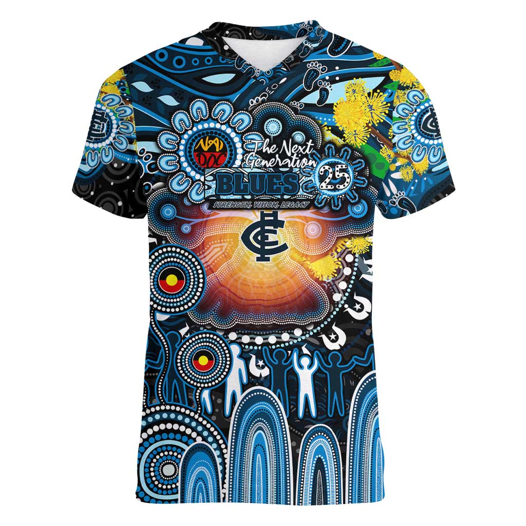 Personalised NAIDOC Week 2025 Blues Football Women V-Neck T-Shirt Aboriginal Dot Painting