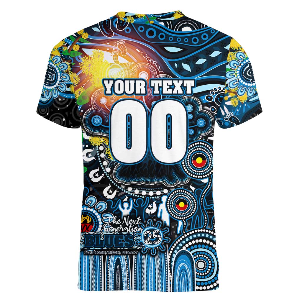 Personalised NAIDOC Week 2025 Blues Football Women V-Neck T-Shirt Aboriginal Dot Painting