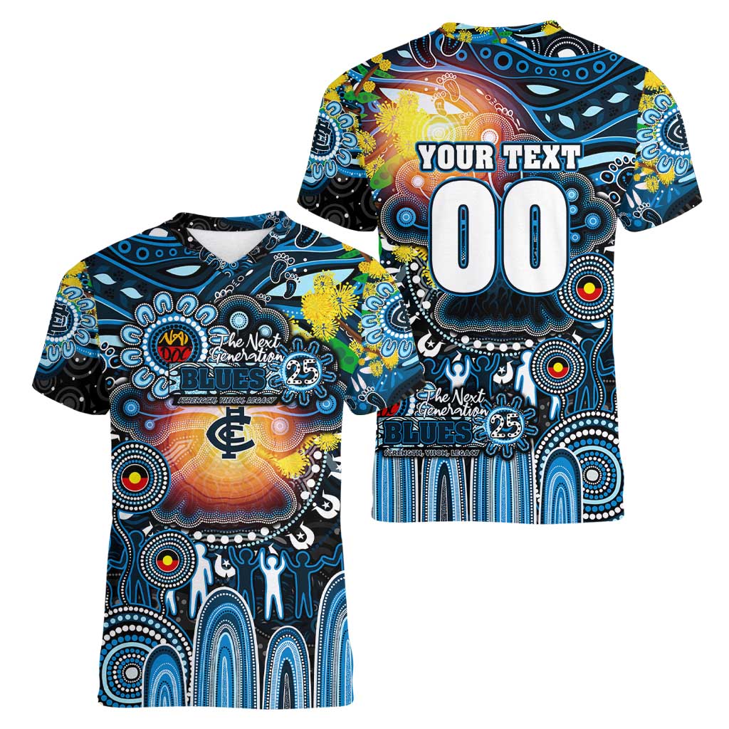 Personalised NAIDOC Week 2025 Blues Football Women V-Neck T-Shirt Aboriginal Dot Painting