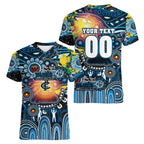 Personalised NAIDOC Week 2025 Blues Football Women V-Neck T-Shirt Aboriginal Dot Painting