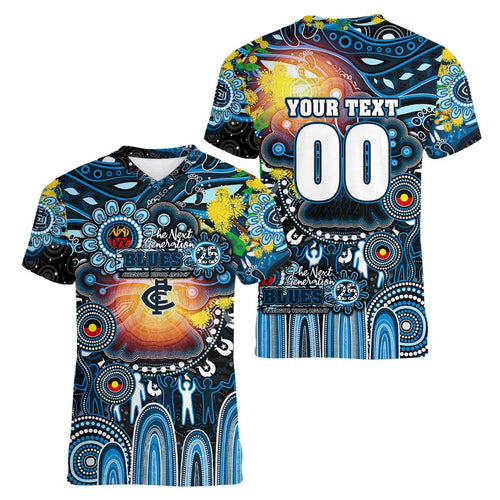 Personalised NAIDOC Week 2025 Blues Football Women V-Neck T-Shirt Aboriginal Dot Painting