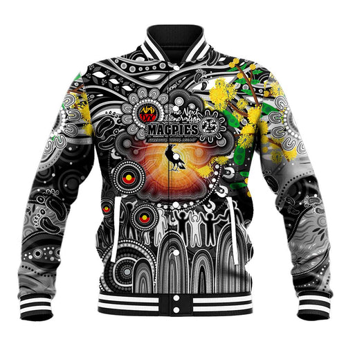 Personalised NAIDOC Week 2025 Magpies Football Baseball Jacket Aboriginal Dot Painting
