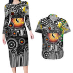 Personalised NAIDOC Week 2025 Magpies Football Couples Matching Long Sleeve Bodycon Dress and Hawaiian Shirt Aboriginal Dot Painting