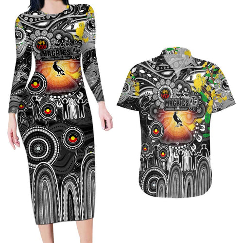 Personalised NAIDOC Week 2025 Magpies Football Couples Matching Long Sleeve Bodycon Dress and Hawaiian Shirt Aboriginal Dot Painting