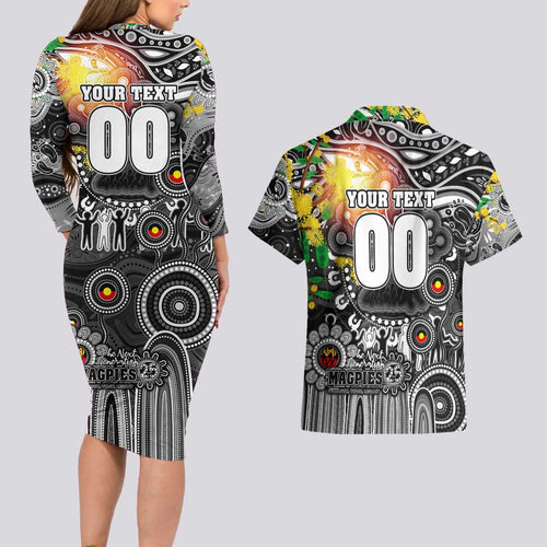 Personalised NAIDOC Week 2025 Magpies Football Couples Matching Long Sleeve Bodycon Dress and Hawaiian Shirt Aboriginal Dot Painting