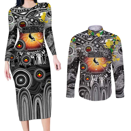Personalised NAIDOC Week 2025 Magpies Football Couples Matching Long Sleeve Bodycon Dress and Long Sleeve Button Shirt Aboriginal Dot Painting