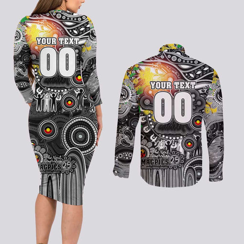 Personalised NAIDOC Week 2025 Magpies Football Couples Matching Long Sleeve Bodycon Dress and Long Sleeve Button Shirt Aboriginal Dot Painting
