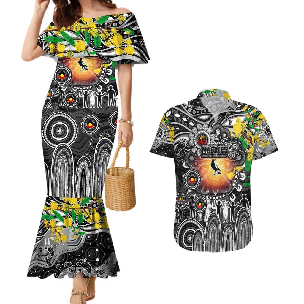 Personalised NAIDOC Week 2025 Magpies Football Couples Matching Mermaid Dress and Hawaiian Shirt Aboriginal Dot Painting