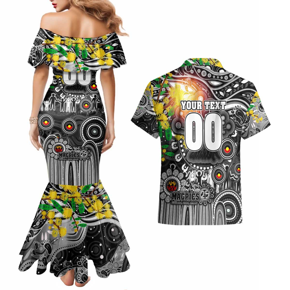 Personalised NAIDOC Week 2025 Magpies Football Couples Matching Mermaid Dress and Hawaiian Shirt Aboriginal Dot Painting