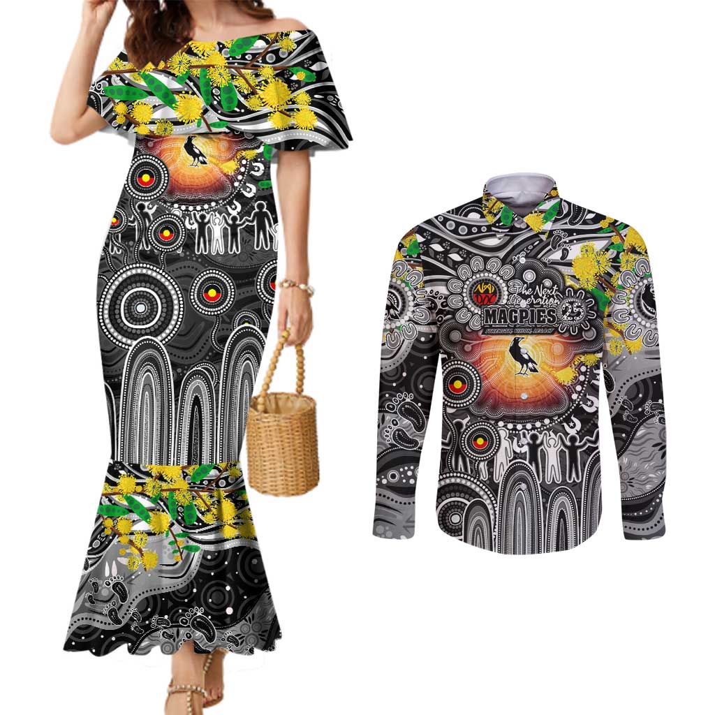 Personalised NAIDOC Week 2025 Magpies Football Couples Matching Mermaid Dress and Long Sleeve Button Shirt Aboriginal Dot Painting