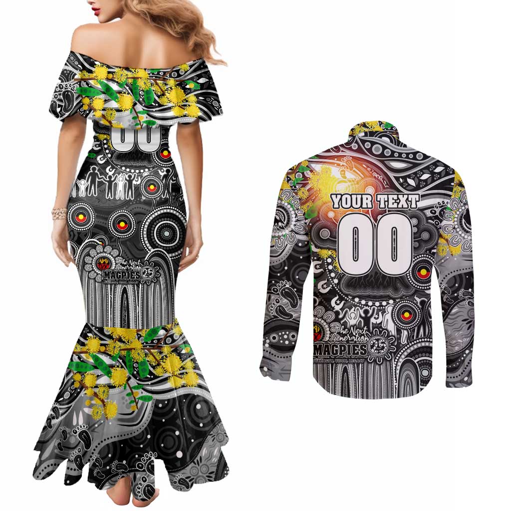 Personalised NAIDOC Week 2025 Magpies Football Couples Matching Mermaid Dress and Long Sleeve Button Shirt Aboriginal Dot Painting