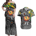 Personalised NAIDOC Week 2025 Magpies Football Couples Matching Off Shoulder Maxi Dress and Hawaiian Shirt Aboriginal Dot Painting