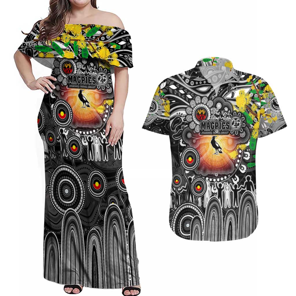 Personalised NAIDOC Week 2025 Magpies Football Couples Matching Off Shoulder Maxi Dress and Hawaiian Shirt Aboriginal Dot Painting