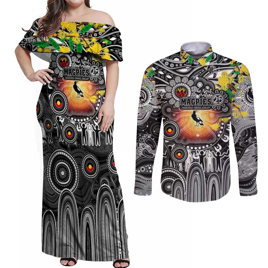 Personalised NAIDOC Week 2025 Magpies Football Couples Matching Off Shoulder Maxi Dress and Long Sleeve Button Shirt Aboriginal Dot Painting