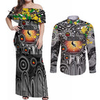 Personalised NAIDOC Week 2025 Magpies Football Couples Matching Off Shoulder Maxi Dress and Long Sleeve Button Shirt Aboriginal Dot Painting