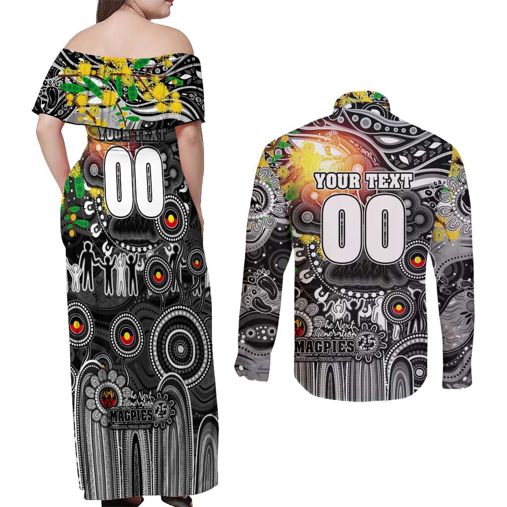 Personalised NAIDOC Week 2025 Magpies Football Couples Matching Off Shoulder Maxi Dress and Long Sleeve Button Shirt Aboriginal Dot Painting