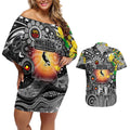 Personalised NAIDOC Week 2025 Magpies Football Couples Matching Off Shoulder Short Dress and Hawaiian Shirt Aboriginal Dot Painting