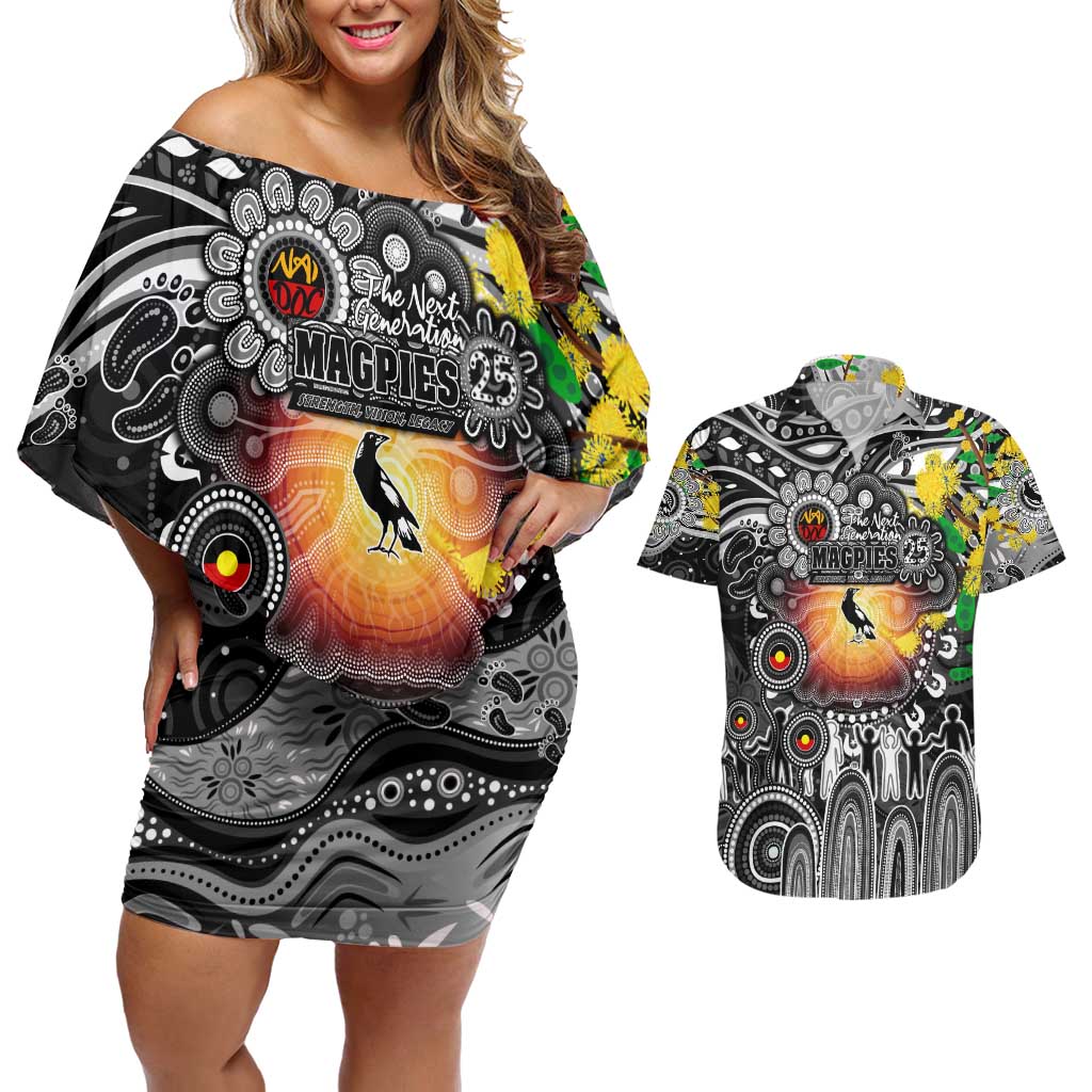 Personalised NAIDOC Week 2025 Magpies Football Couples Matching Off Shoulder Short Dress and Hawaiian Shirt Aboriginal Dot Painting