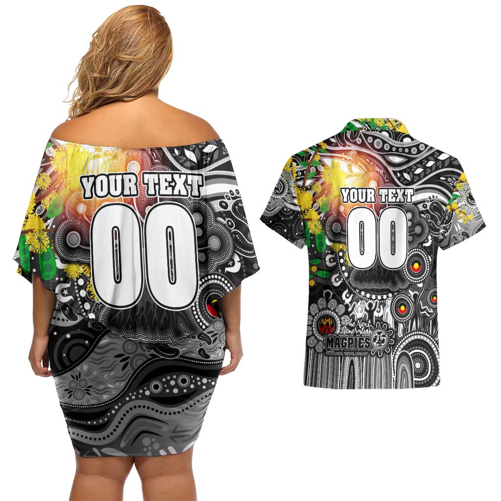 Personalised NAIDOC Week 2025 Magpies Football Couples Matching Off Shoulder Short Dress and Hawaiian Shirt Aboriginal Dot Painting