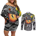 Personalised NAIDOC Week 2025 Magpies Football Couples Matching Off Shoulder Short Dress and Long Sleeve Button Shirt Aboriginal Dot Painting