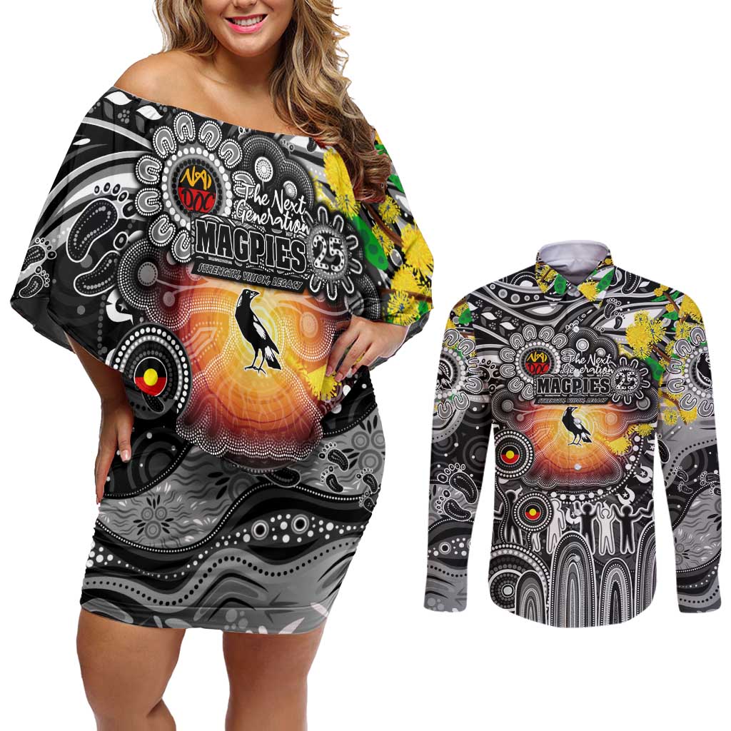 Personalised NAIDOC Week 2025 Magpies Football Couples Matching Off Shoulder Short Dress and Long Sleeve Button Shirt Aboriginal Dot Painting
