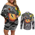 Personalised NAIDOC Week 2025 Magpies Football Couples Matching Off Shoulder Short Dress and Long Sleeve Button Shirt Aboriginal Dot Painting