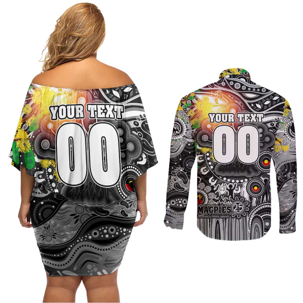 Personalised NAIDOC Week 2025 Magpies Football Couples Matching Off Shoulder Short Dress and Long Sleeve Button Shirt Aboriginal Dot Painting