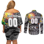Personalised NAIDOC Week 2025 Magpies Football Couples Matching Off Shoulder Short Dress and Long Sleeve Button Shirt Aboriginal Dot Painting