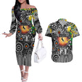 Personalised NAIDOC Week 2025 Magpies Football Couples Matching Off The Shoulder Long Sleeve Dress and Hawaiian Shirt Aboriginal Dot Painting