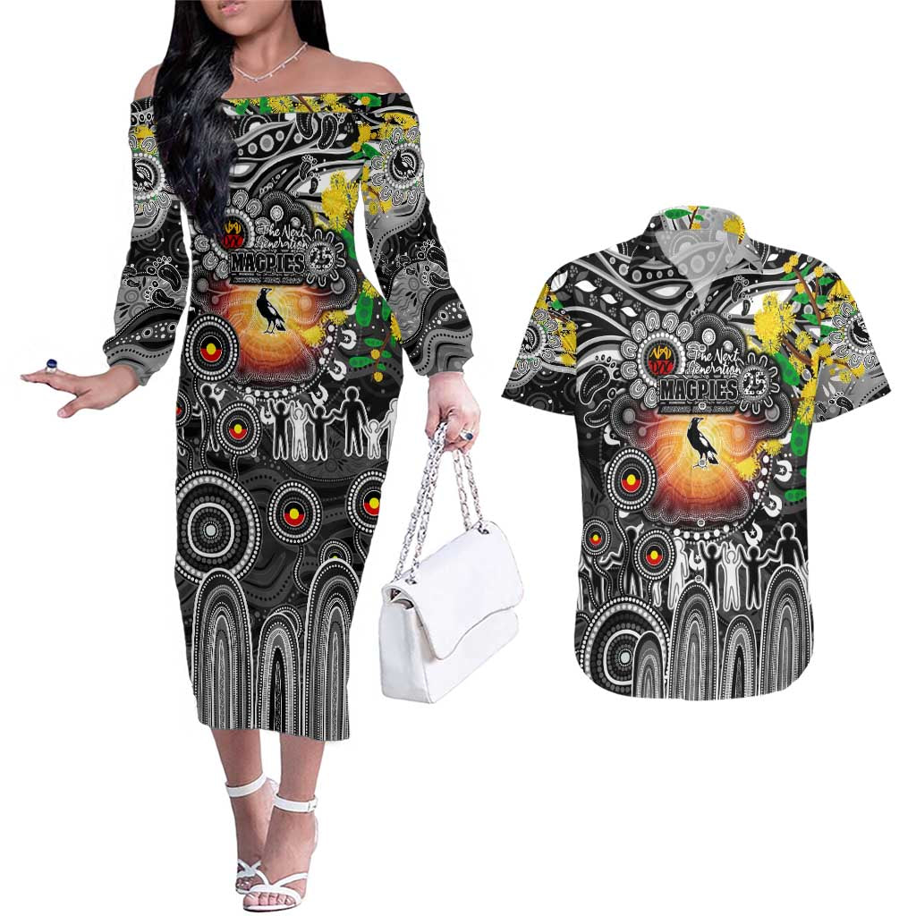 Personalised NAIDOC Week 2025 Magpies Football Couples Matching Off The Shoulder Long Sleeve Dress and Hawaiian Shirt Aboriginal Dot Painting