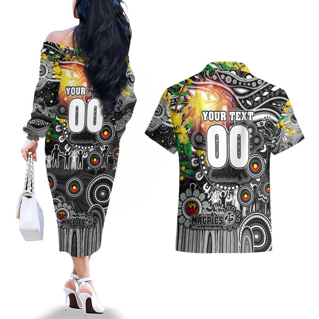 Personalised NAIDOC Week 2025 Magpies Football Couples Matching Off The Shoulder Long Sleeve Dress and Hawaiian Shirt Aboriginal Dot Painting
