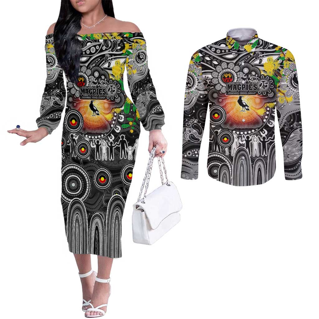 Personalised NAIDOC Week 2025 Magpies Football Couples Matching Off The Shoulder Long Sleeve Dress and Long Sleeve Button Shirt Aboriginal Dot Painting