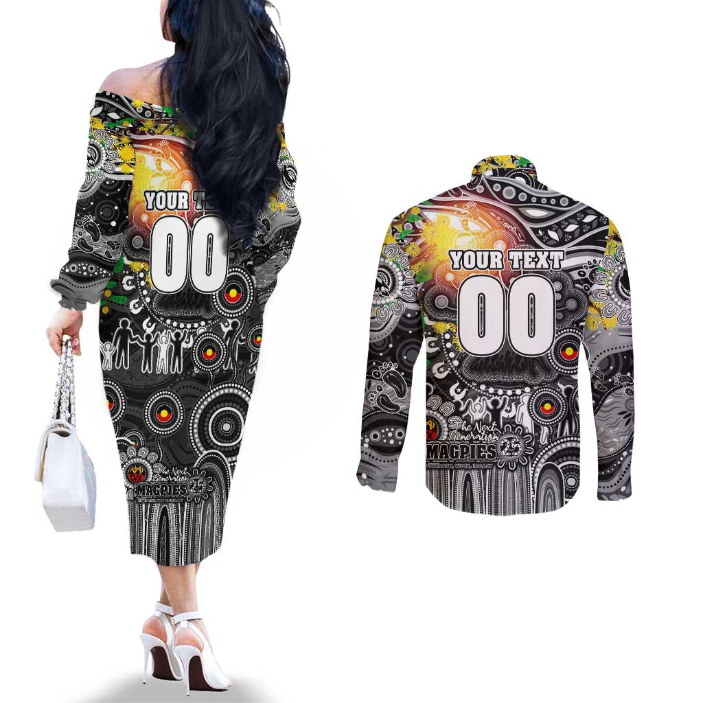 Personalised NAIDOC Week 2025 Magpies Football Couples Matching Off The Shoulder Long Sleeve Dress and Long Sleeve Button Shirt Aboriginal Dot Painting