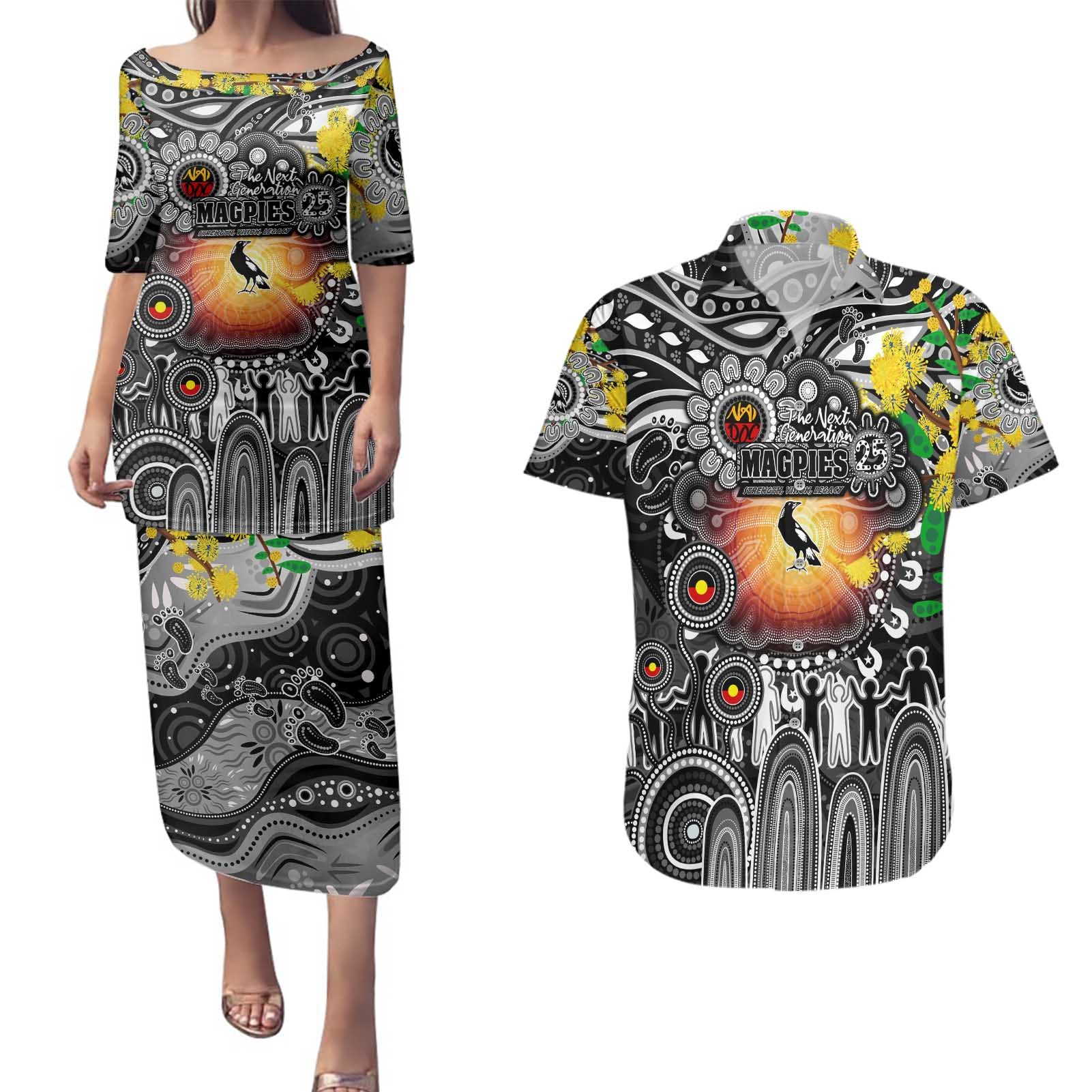 Personalised NAIDOC Week 2025 Magpies Football Couples Matching Puletasi and Hawaiian Shirt Aboriginal Dot Painting