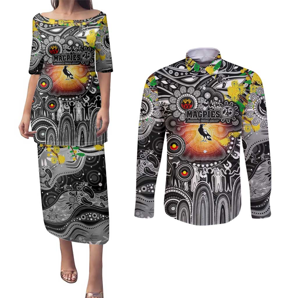 Personalised NAIDOC Week 2025 Magpies Football Couples Matching Puletasi and Long Sleeve Button Shirt Aboriginal Dot Painting