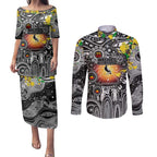 Personalised NAIDOC Week 2025 Magpies Football Couples Matching Puletasi and Long Sleeve Button Shirt Aboriginal Dot Painting