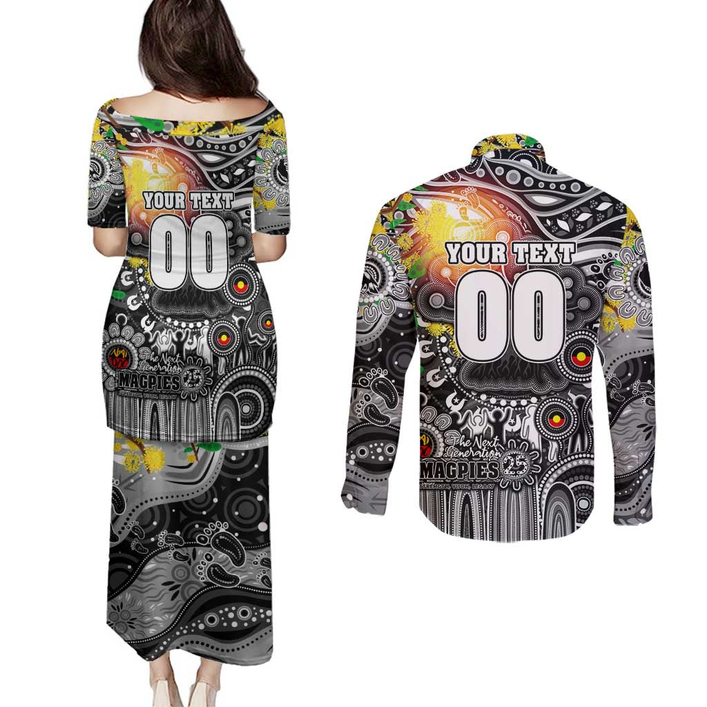 Personalised NAIDOC Week 2025 Magpies Football Couples Matching Puletasi and Long Sleeve Button Shirt Aboriginal Dot Painting