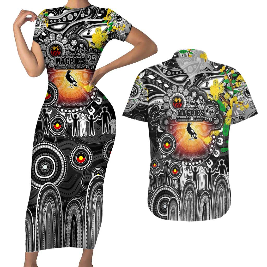 Personalised NAIDOC Week 2025 Magpies Football Couples Matching Short Sleeve Bodycon Dress and Hawaiian Shirt Aboriginal Dot Painting