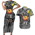 Personalised NAIDOC Week 2025 Magpies Football Couples Matching Short Sleeve Bodycon Dress and Hawaiian Shirt Aboriginal Dot Painting