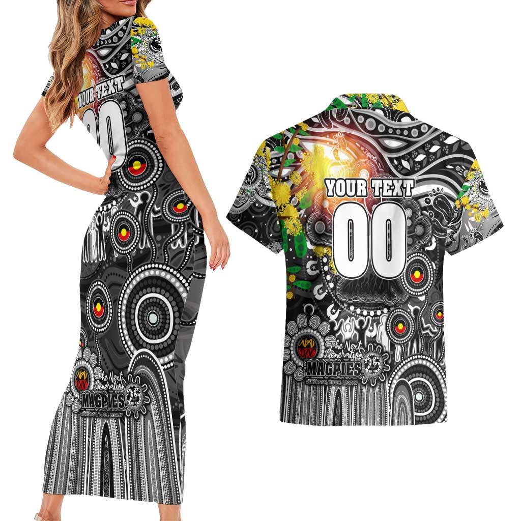 Personalised NAIDOC Week 2025 Magpies Football Couples Matching Short Sleeve Bodycon Dress and Hawaiian Shirt Aboriginal Dot Painting