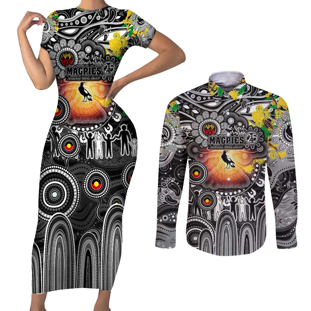 Personalised NAIDOC Week 2025 Magpies Football Couples Matching Short Sleeve Bodycon Dress and Long Sleeve Button Shirt Aboriginal Dot Painting