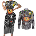 Personalised NAIDOC Week 2025 Magpies Football Couples Matching Short Sleeve Bodycon Dress and Long Sleeve Button Shirt Aboriginal Dot Painting