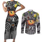 Personalised NAIDOC Week 2025 Magpies Football Couples Matching Short Sleeve Bodycon Dress and Long Sleeve Button Shirt Aboriginal Dot Painting